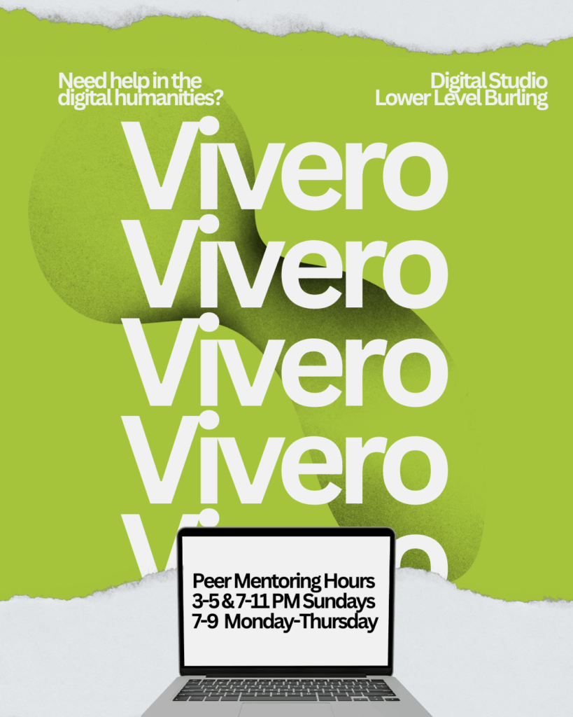 Image to advertise Vivero's peer mentoring hours. Contains Vivero five times and a green background with a computer.